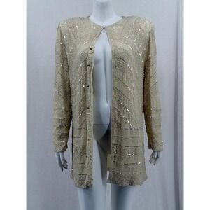 Vintage Diane Freis Jacket Womens Large Ivory Silk Beaded Sequins Evening Formal